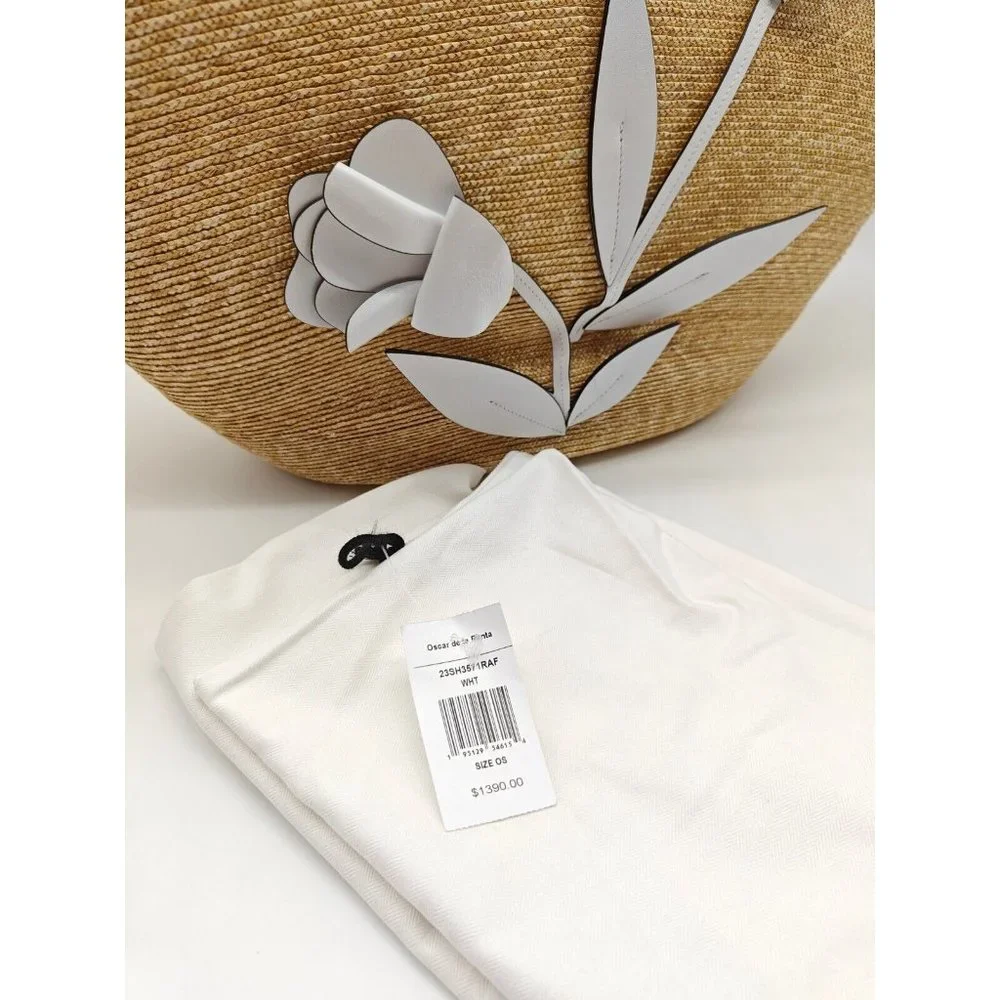 OSCAR DE LA RENTA tulip raffia large tote + Dust bag --NATURAL/WHITE - Picture 13 of 13